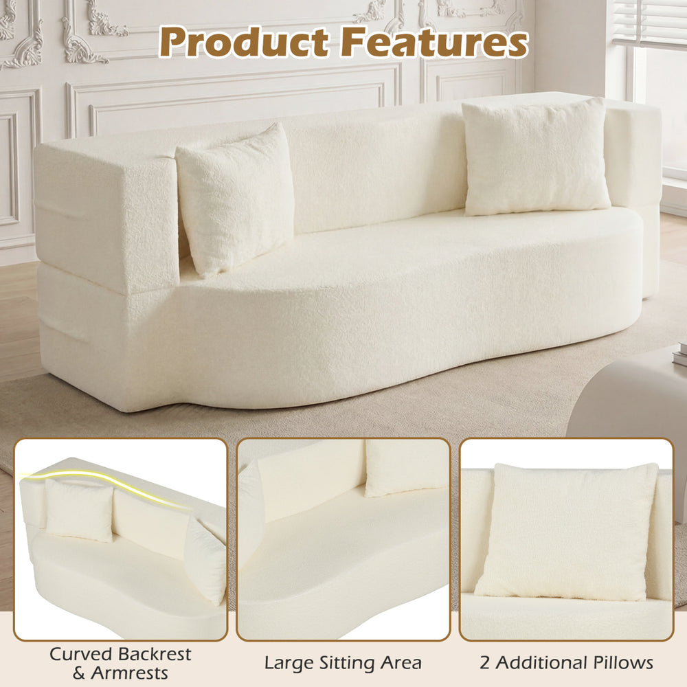 Beige 75.5-inch folding sofa bed with curved backrest, large sitting area, and two comfortable pillows for versatile.