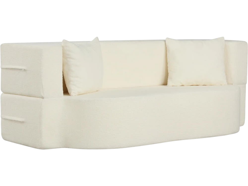 Beige folding sofa bed with a smooth, rounded design and soft teddy fleece cover, includes two plush pillows for added.