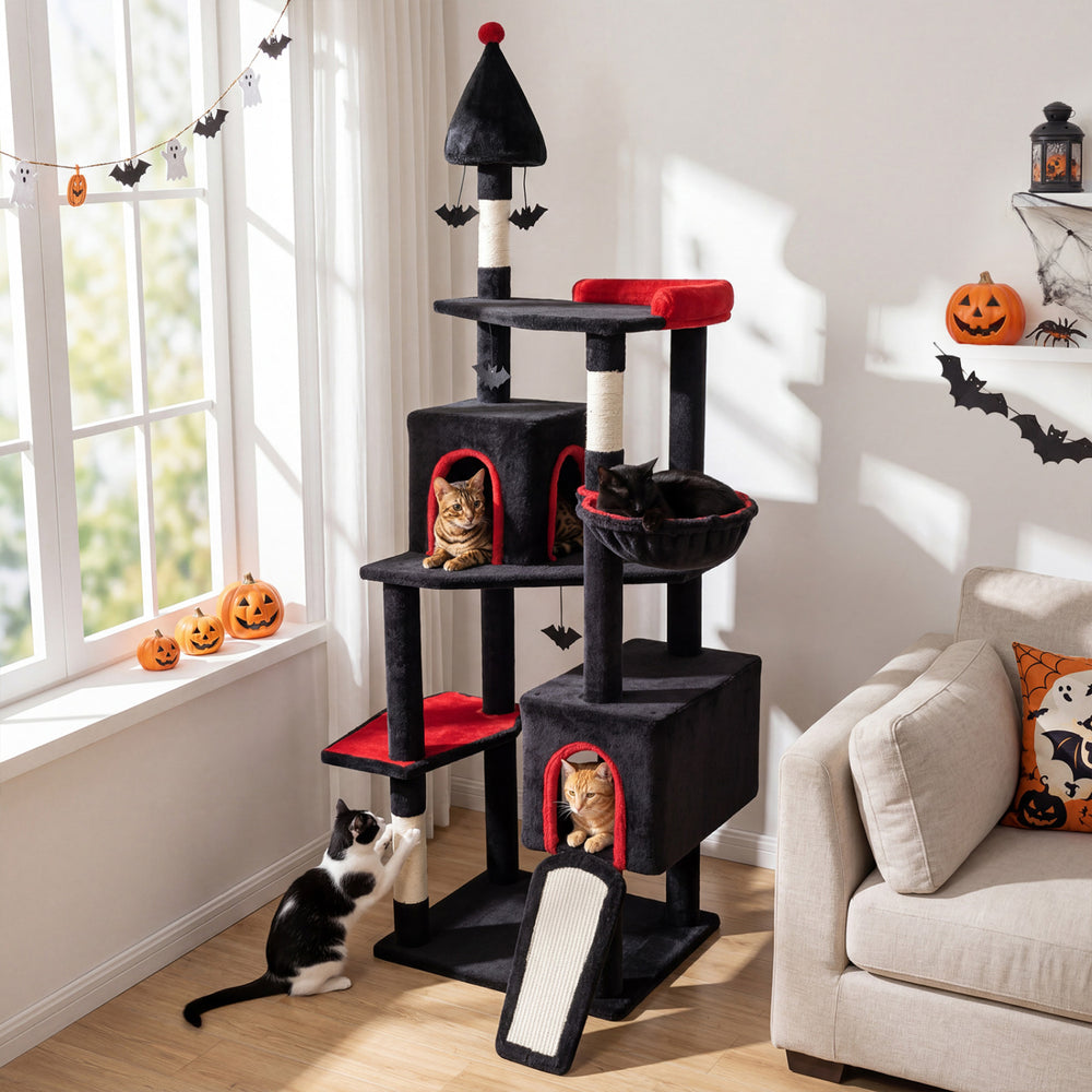 Gothic cat tree in black and red with two condos, top perch, and scratching posts for large cats over 20 lbs.