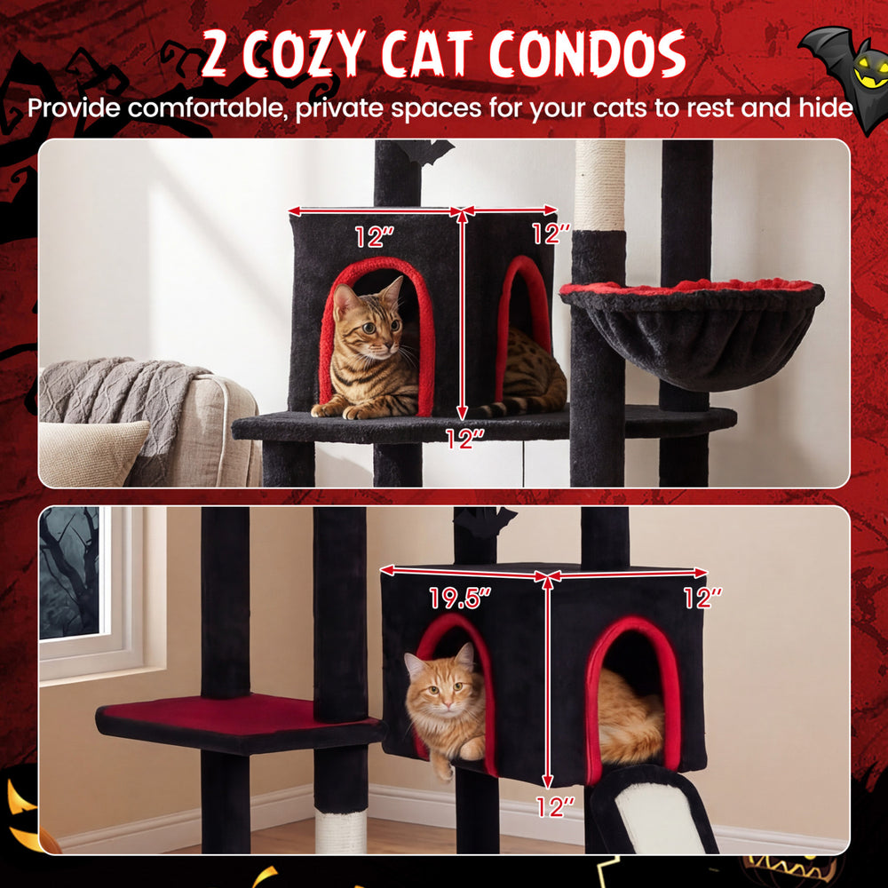 Gothic cat tree featuring two cozy condos, black-and-red design, and a top perch for large cats over 20 lbs.