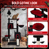 Gothic cat tree with black-and-red color scheme, featuring two condos, top perch, and bat-shaped hanging toys for large.