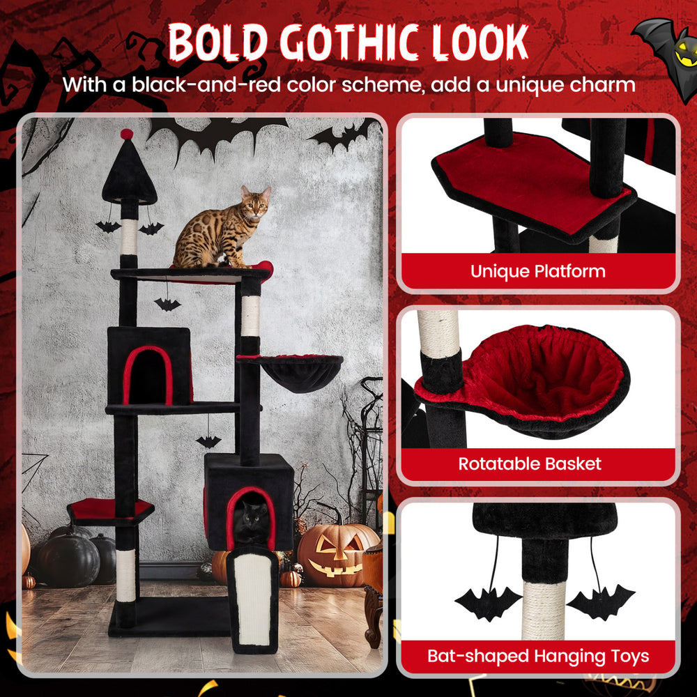 Gothic cat tree with black-and-red color scheme, featuring two condos, top perch, and bat-shaped hanging toys for large.