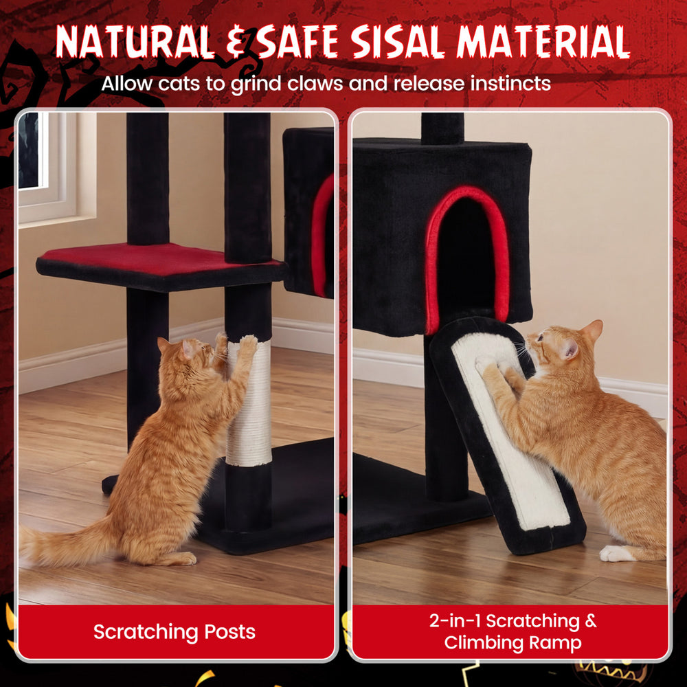 Close-up of the scratching post on a 75-inch Gothic cat tree, featuring natural sisal for claw grinding and climbing.