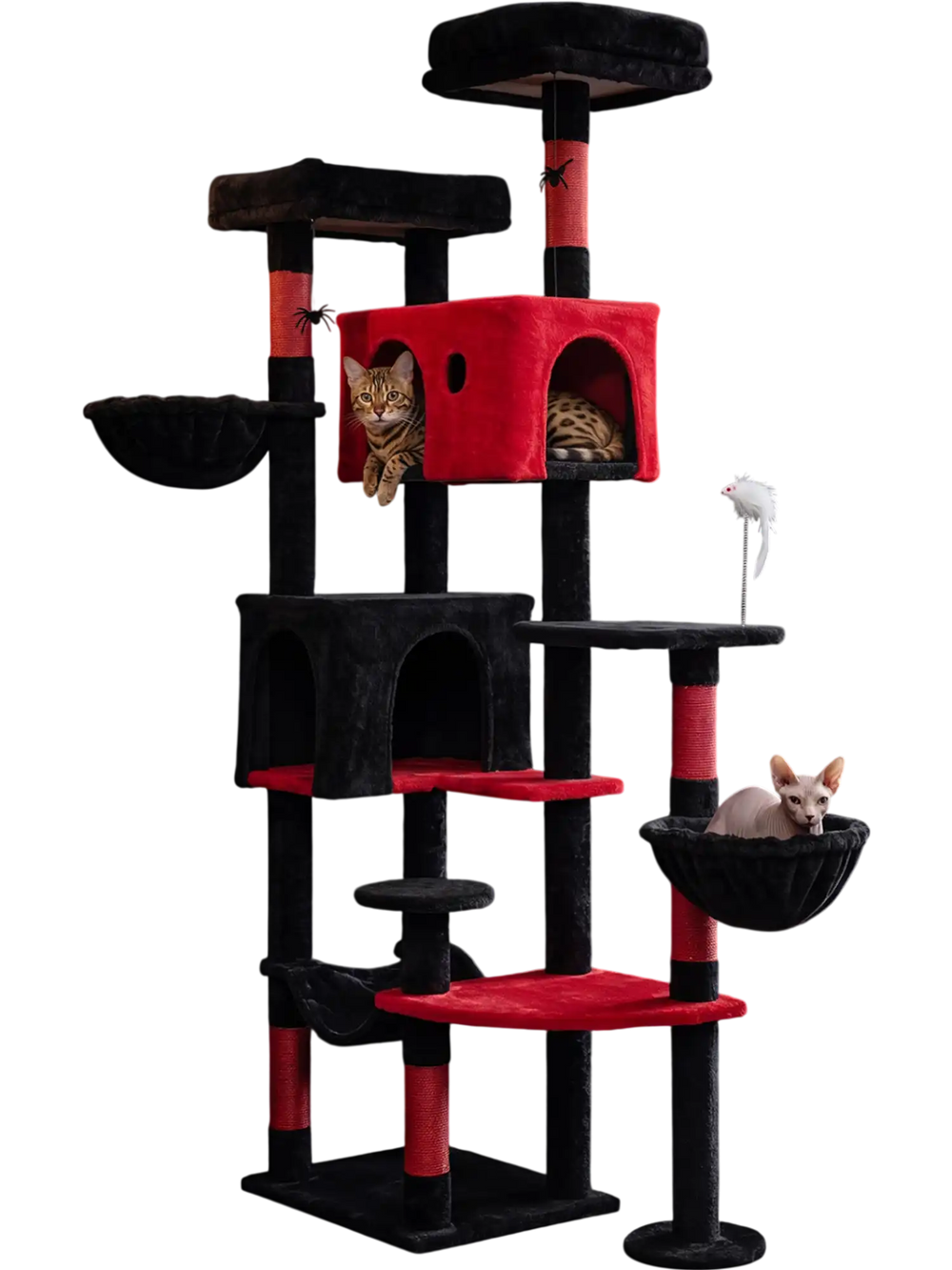 Gothic 75-inch cat tree features two plush perches, spacious cat houses, and multiple scratching posts for indoor cats.
