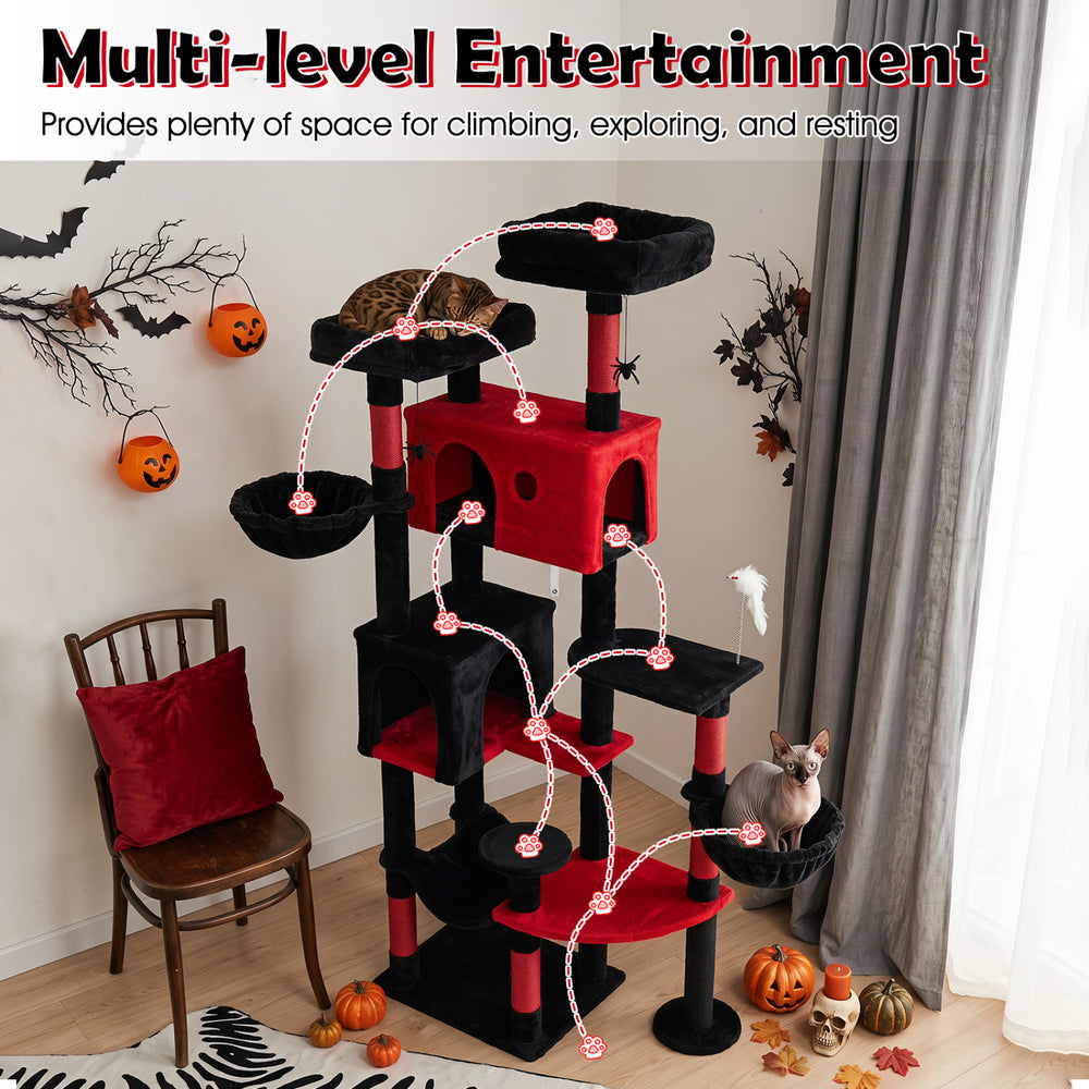 Gothic cat tree features multiple platforms, two plush perches, and sisal scratching posts for indoor cat entertainment.
