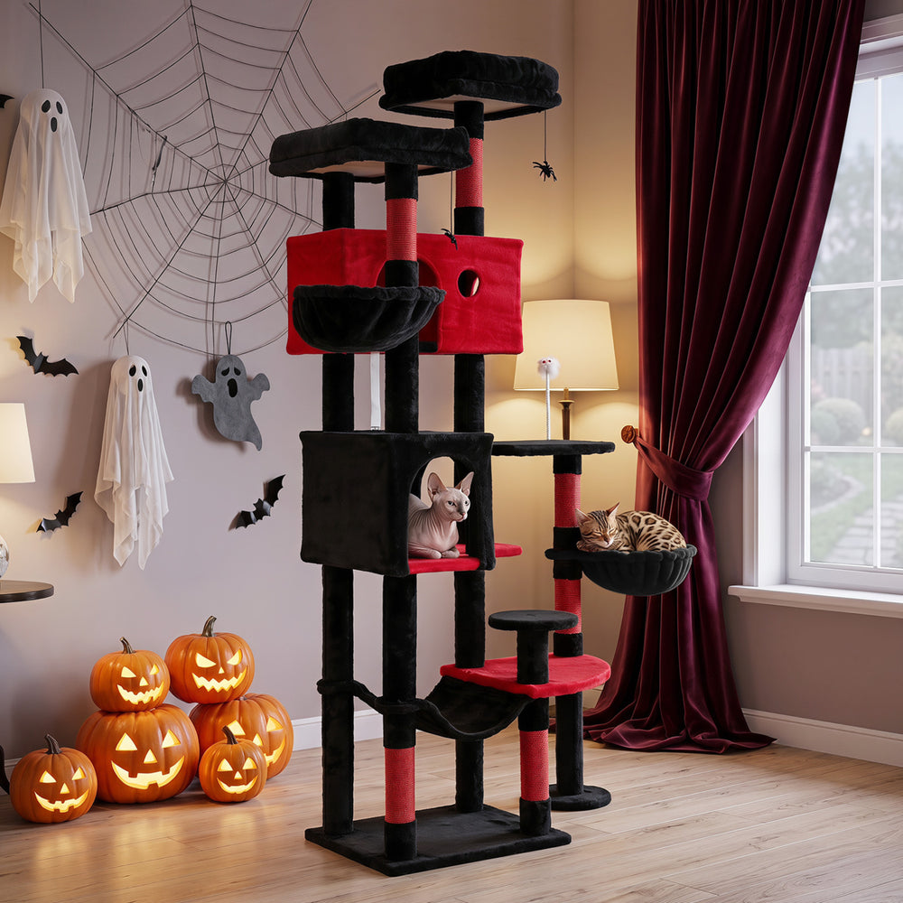 Gothic cat tree features 2 plush perches, spacious cat houses, and multiple scratching posts for indoor cats' play and rest.