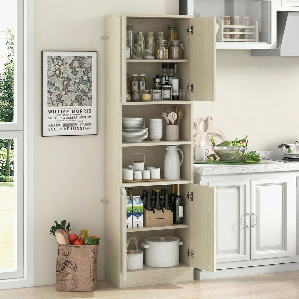Tall beige kitchen pantry cabinet with doors and shelves, perfect for organized storage in your kitchen.