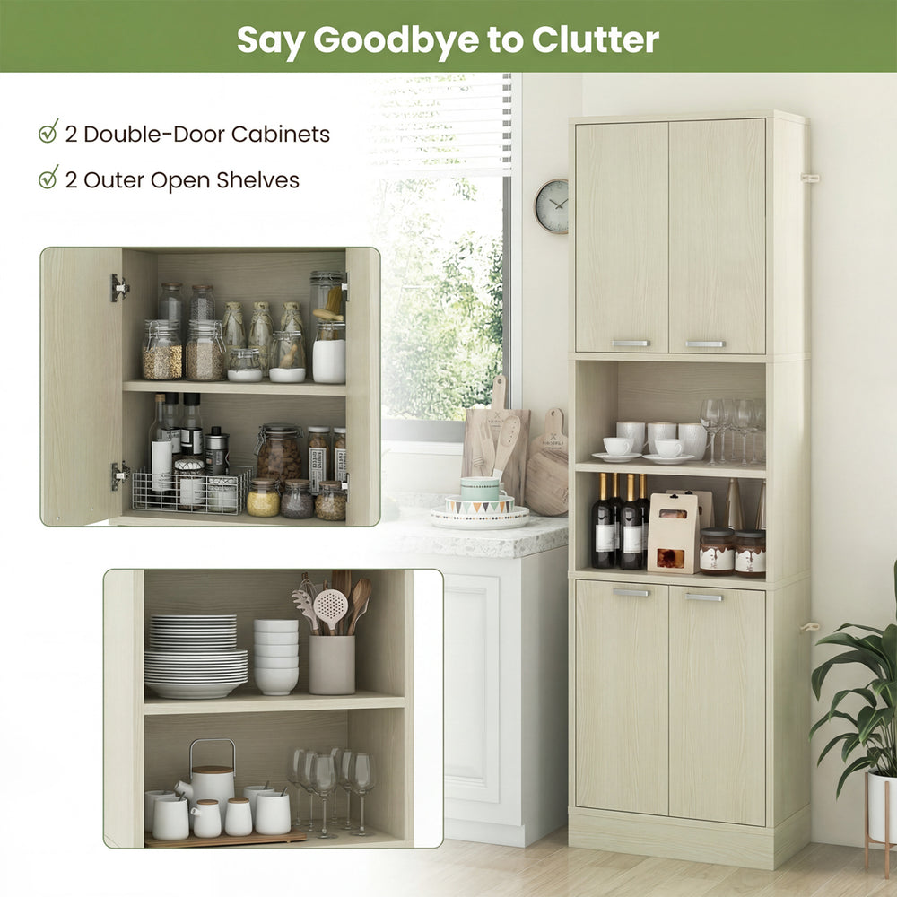 75-inch beige kitchen pantry cabinet featuring double-door cabinets and outer open shelves for organized storage.
