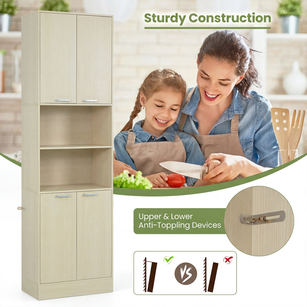 Tall beige kitchen pantry cabinet with doors and shelves, featuring sturdy construction and anti-toppling devices.