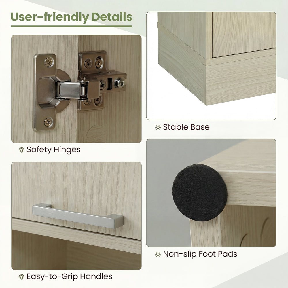 Close-up of the 75-inch beige kitchen pantry cabinet showing safety hinges, stable base, and non-slip foot pads.