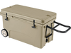 75 quart khaki portable hard cooler with wheels, pull handle, and dual latches, ideal for camping and picnics.