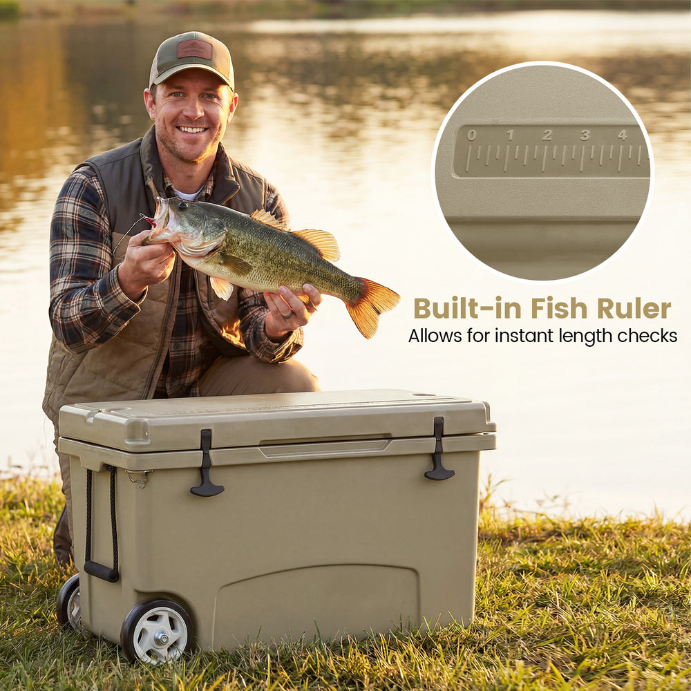Portable 75 quart cooler in khaki with built-in fish ruler, ideal for fishing trips and outdoor activities.