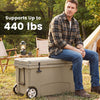75 quart portable hard cooler in khaki with wheels, supporting up to 440 lbs, ideal for camping and outdoor activities.