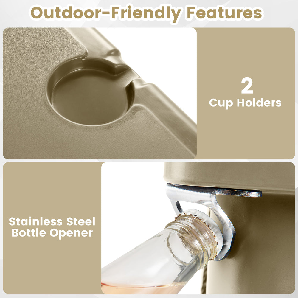 Close-up of the 75 quart portable cooler showing stainless steel bottle opener and 2 cup holders for outdoor.