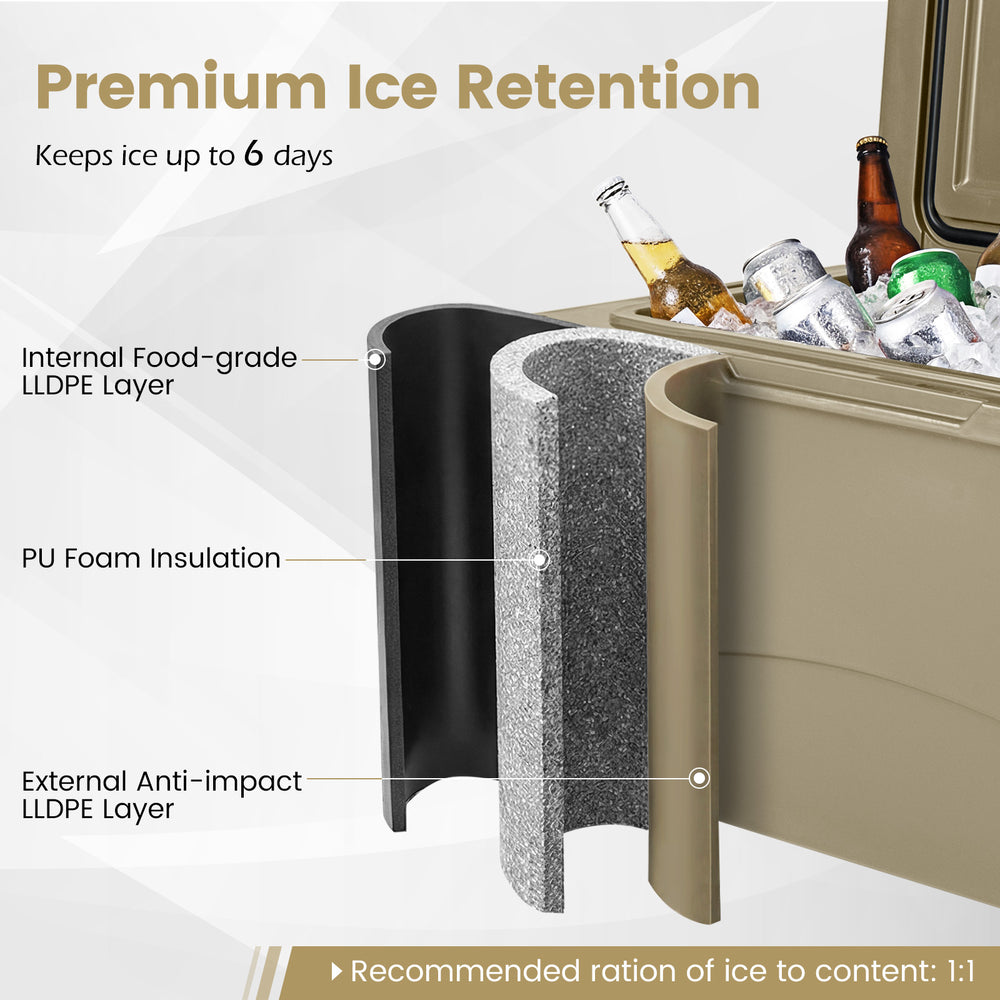 75 quart khaki portable hard cooler with ice retention, wheels, and dual latches for secure transport and convenience.