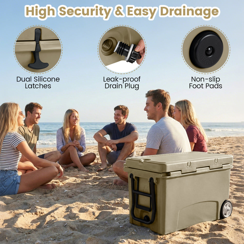 75 quart khaki portable hard cooler with wheels, dual latches, and leak-proof drain, ideal for beach outings.