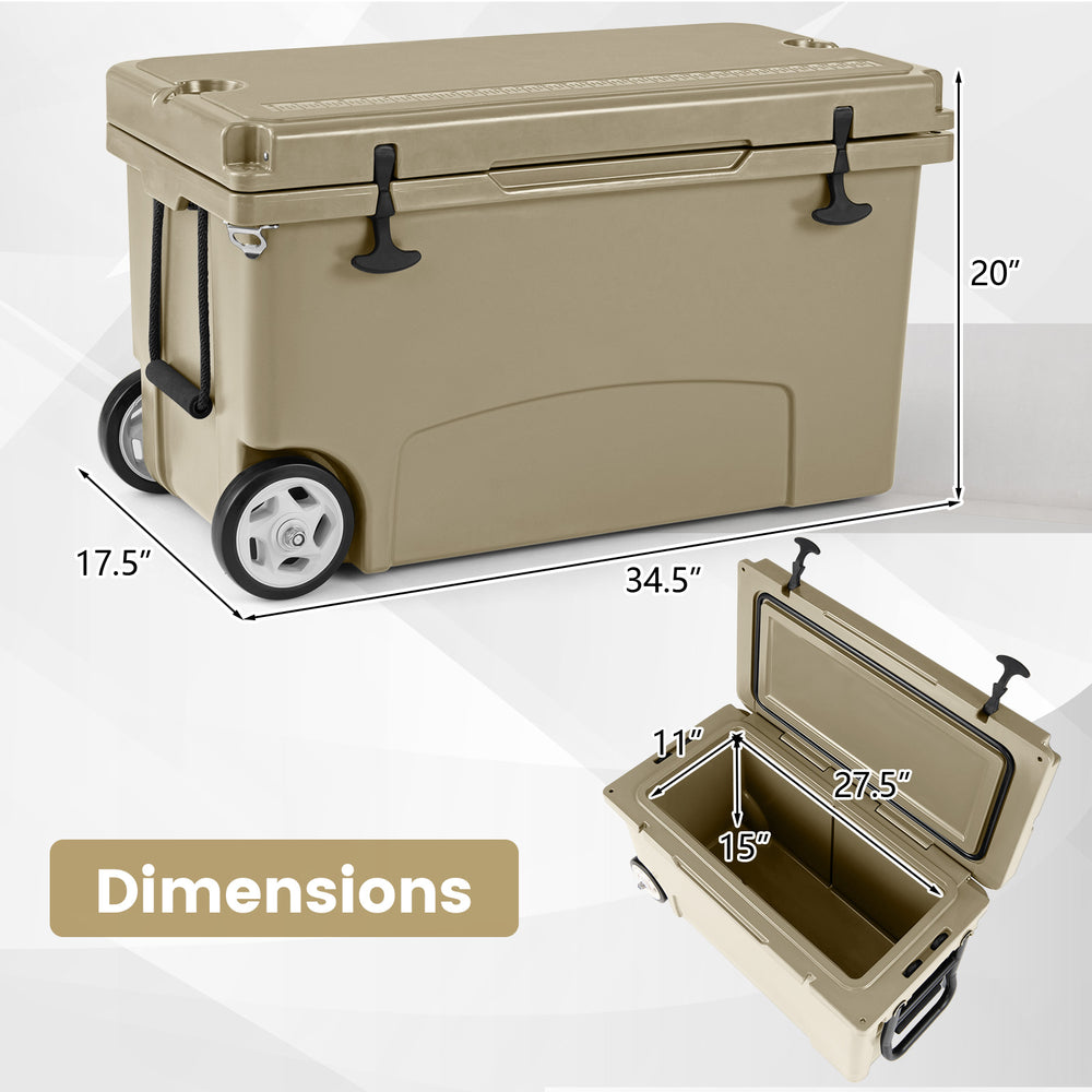 75 quart khaki portable hard cooler with wheels, dimensions shown, ideal for camping and outdoor activities.
