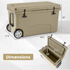 75 quart khaki portable hard cooler with wheels, dimensions shown, ideal for camping and outdoor activities.
