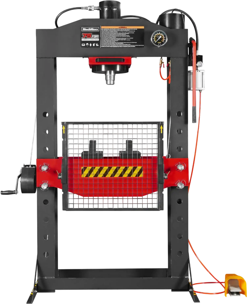 75 Ton H-Frame Air/Hydraulic Shop Press with Hand Winch,  Fully Welded Steel Frame,  Safety Guard,  Foot Pedal Control,  HSP75