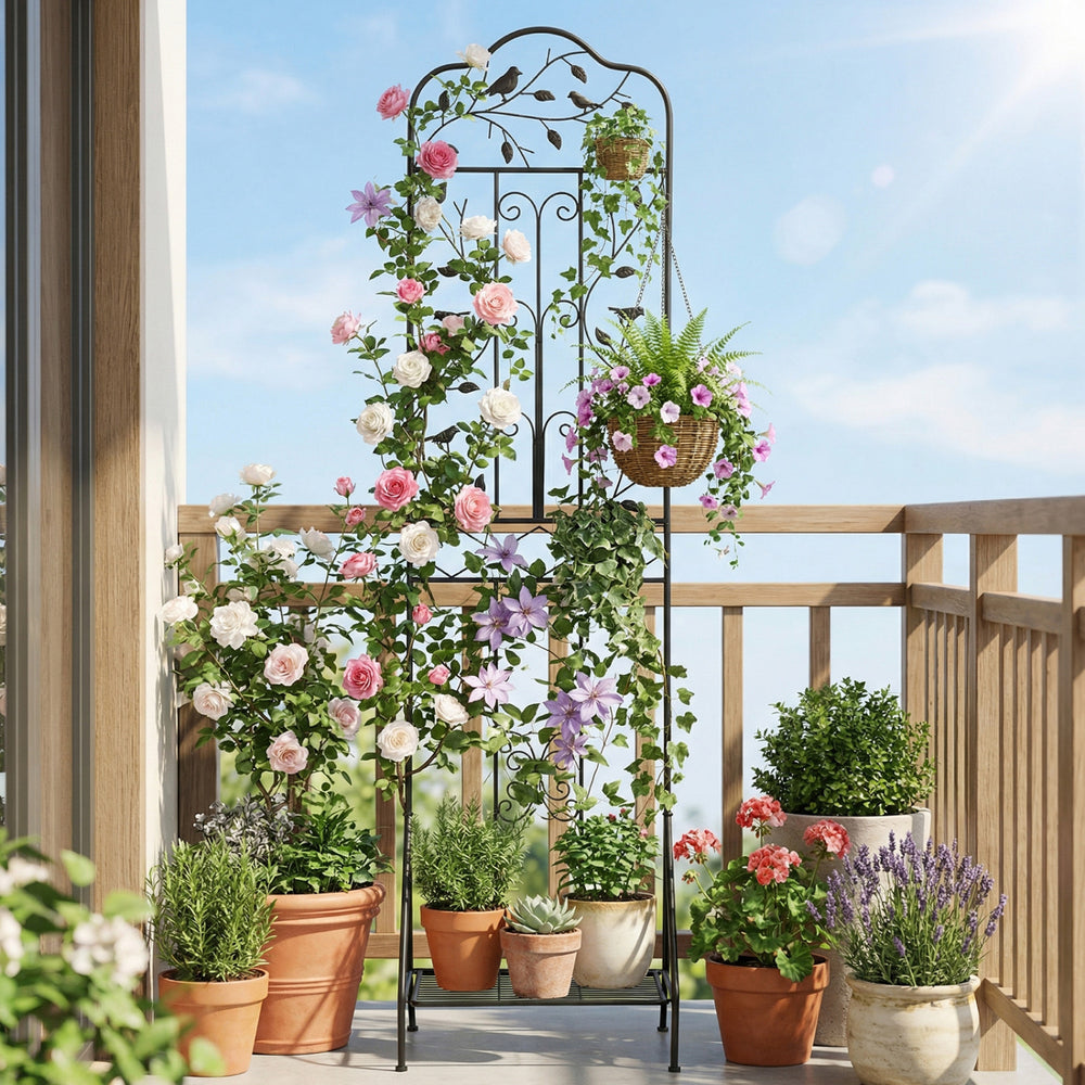 75 x 20 Inch Outdoor Metal Garden Trellis with Foldable Bottom Shelf-Black - Gallery View 1 of 10