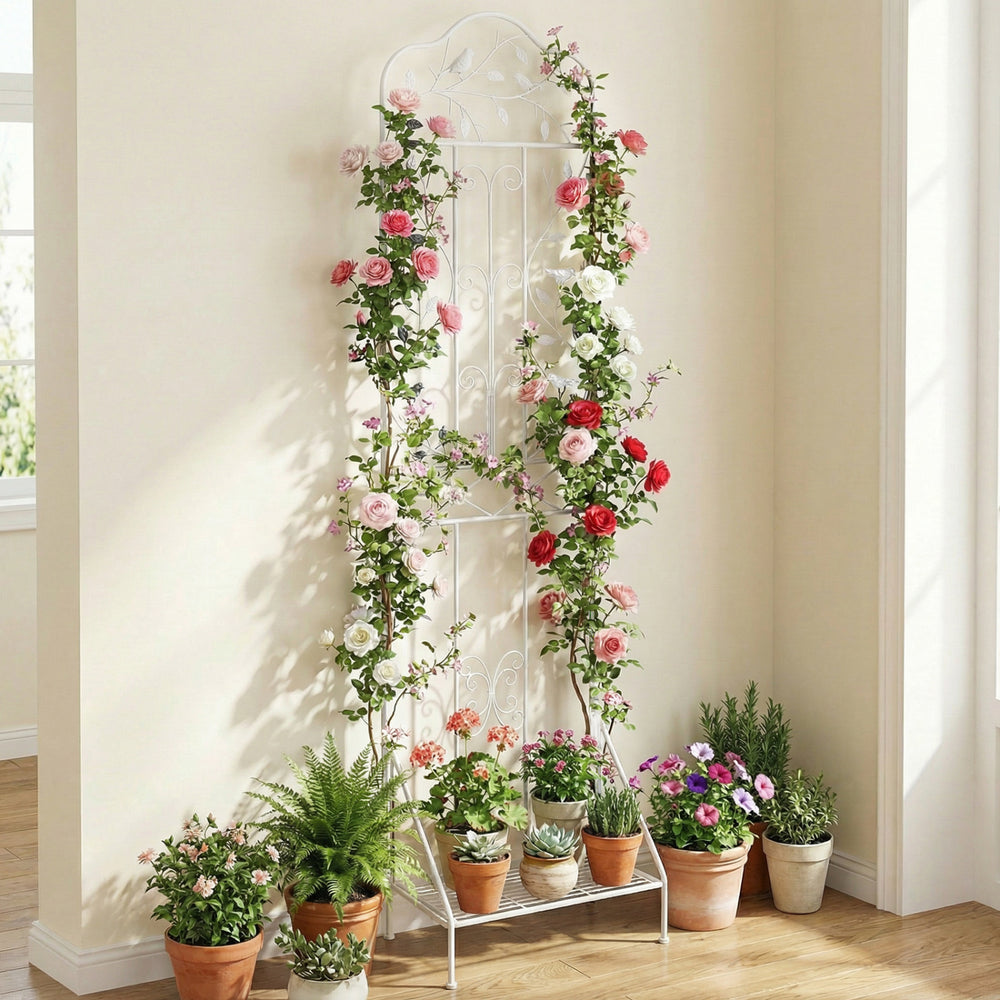 Freestanding 75 x 20 inch white metal garden trellis with foldable shelf, perfect for climbing plants and decorative displays.