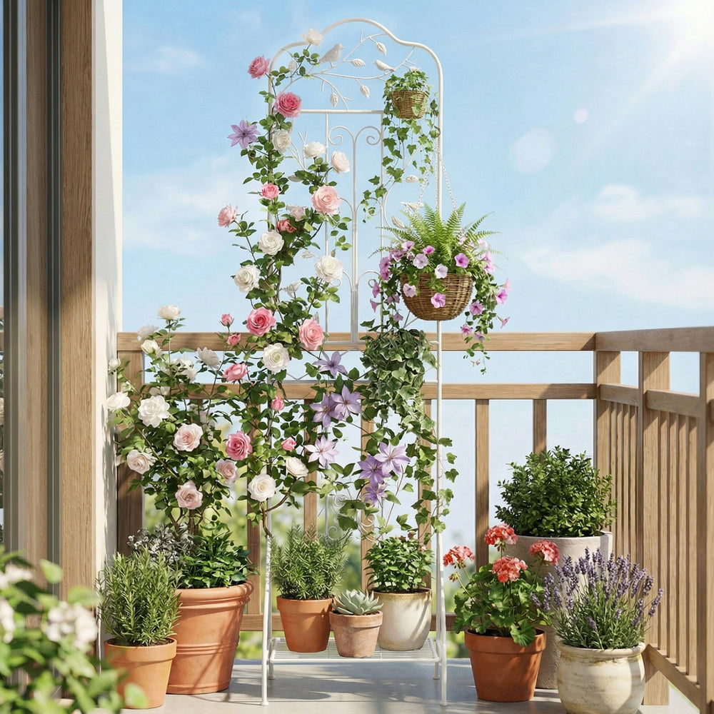 Elegant white metal garden trellis with a foldable bottom shelf, perfect for organizing climbing flowers and decorative pots.