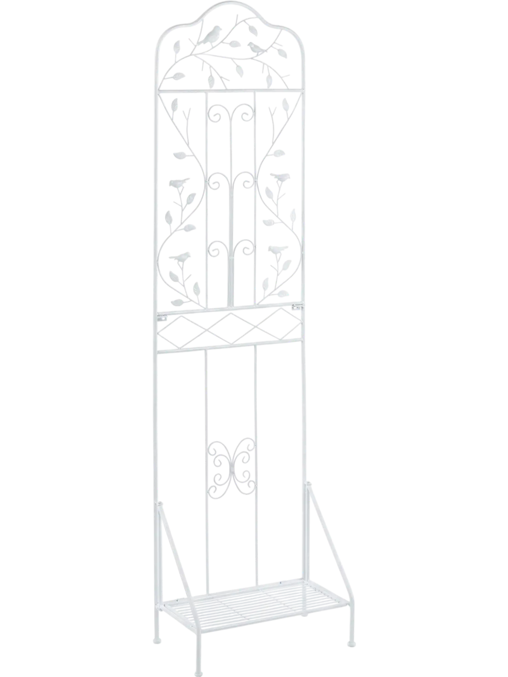 Outdoor metal garden trellis with elegant bird and leaf design, featuring a foldable bottom shelf for plant support.
