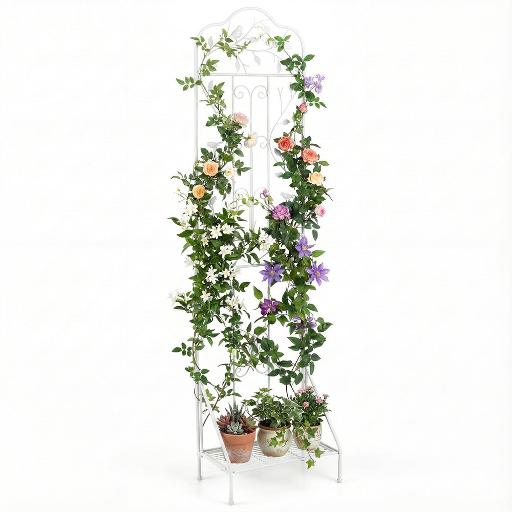 Freestanding 75 x 20 inch white metal garden trellis with elegant design, featuring a foldable bottom shelf for potted plants.