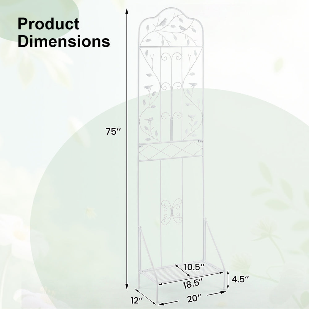75-inch outdoor metal garden trellis in white with a foldable bottom shelf, ideal for climbing plants and garden decoration.