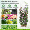 Outdoor metal garden trellis with elegant design, foldable bottom shelf, ideal for supporting climbing plants and flowers.