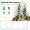 Outdoor metal garden trellis with elegant bird and leaf design, featuring a foldable bottom shelf for plant display.