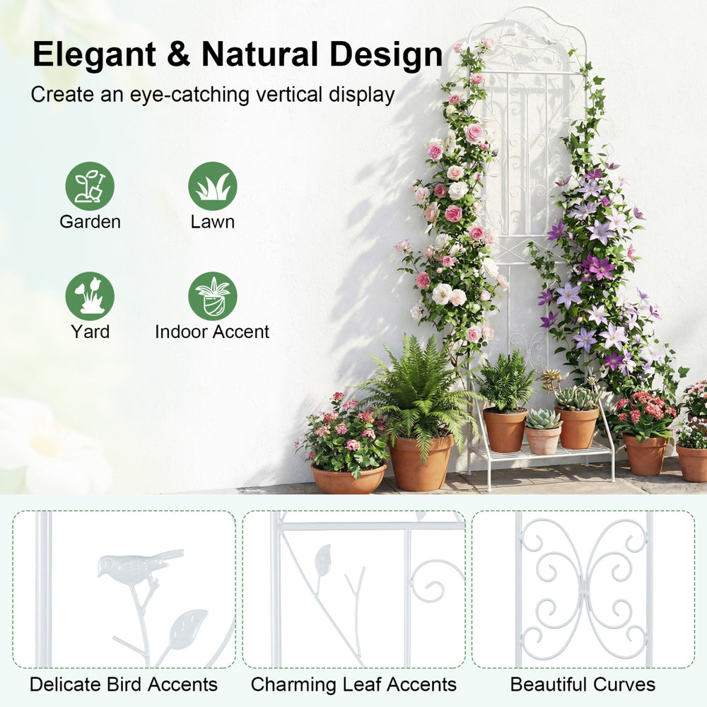 Outdoor metal garden trellis with elegant bird and leaf design, featuring a foldable bottom shelf for plant display.
