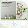 Outdoor metal garden trellis with a foldable bottom shelf, featuring a sturdy frame for supporting climbing plants and flowers.