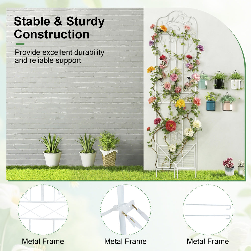 Outdoor metal garden trellis with a foldable bottom shelf, featuring a sturdy frame for supporting climbing plants and flowers.