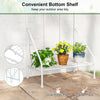 Outdoor metal garden trellis with a foldable bottom shelf, ideal for supporting potted plants and enhancing garden decor.