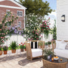 Freestanding 75 x 20 inch white metal garden trellis with elegant design, perfect for supporting climbing plants and flowers.