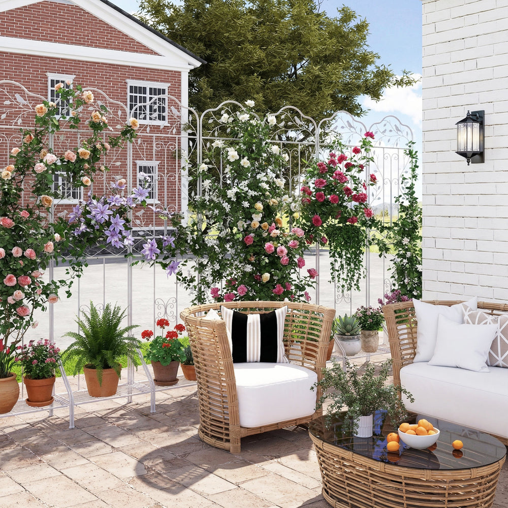 Freestanding 75 x 20 inch white metal garden trellis with elegant design, perfect for supporting climbing plants and flowers.