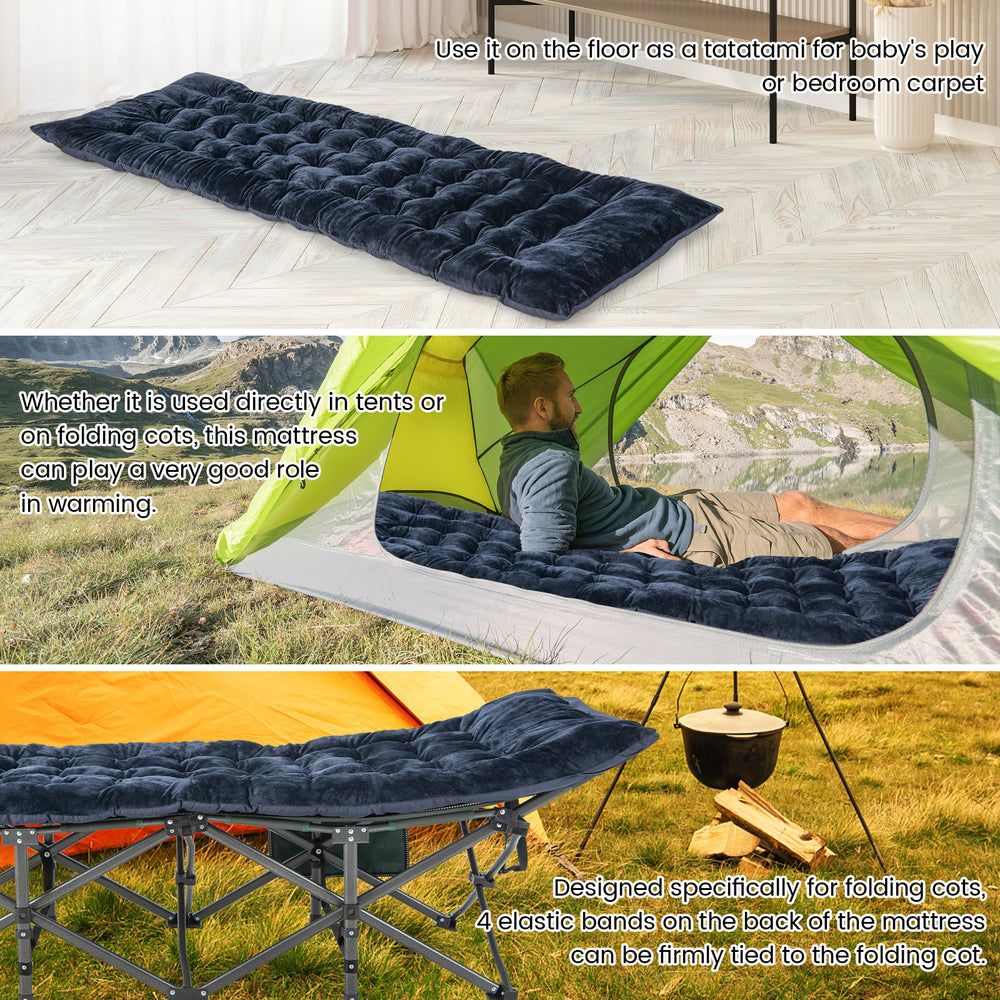 Navy camping cot pad made of soft crystal velvet, designed for comfort and stability during outdoor lounging.
