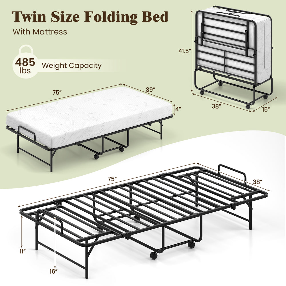 Twin size folding bed with gel memory foam mattress, heavy-duty metal frame, and rolling casters for easy storage.