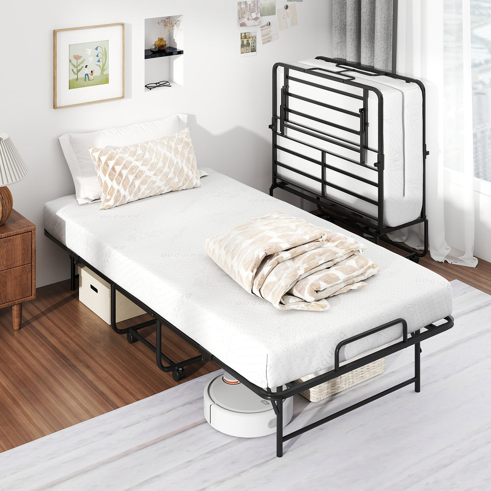 Compact folding bed with gel memory foam mattress, elevated design for ventilation, and convenient rolling features for.