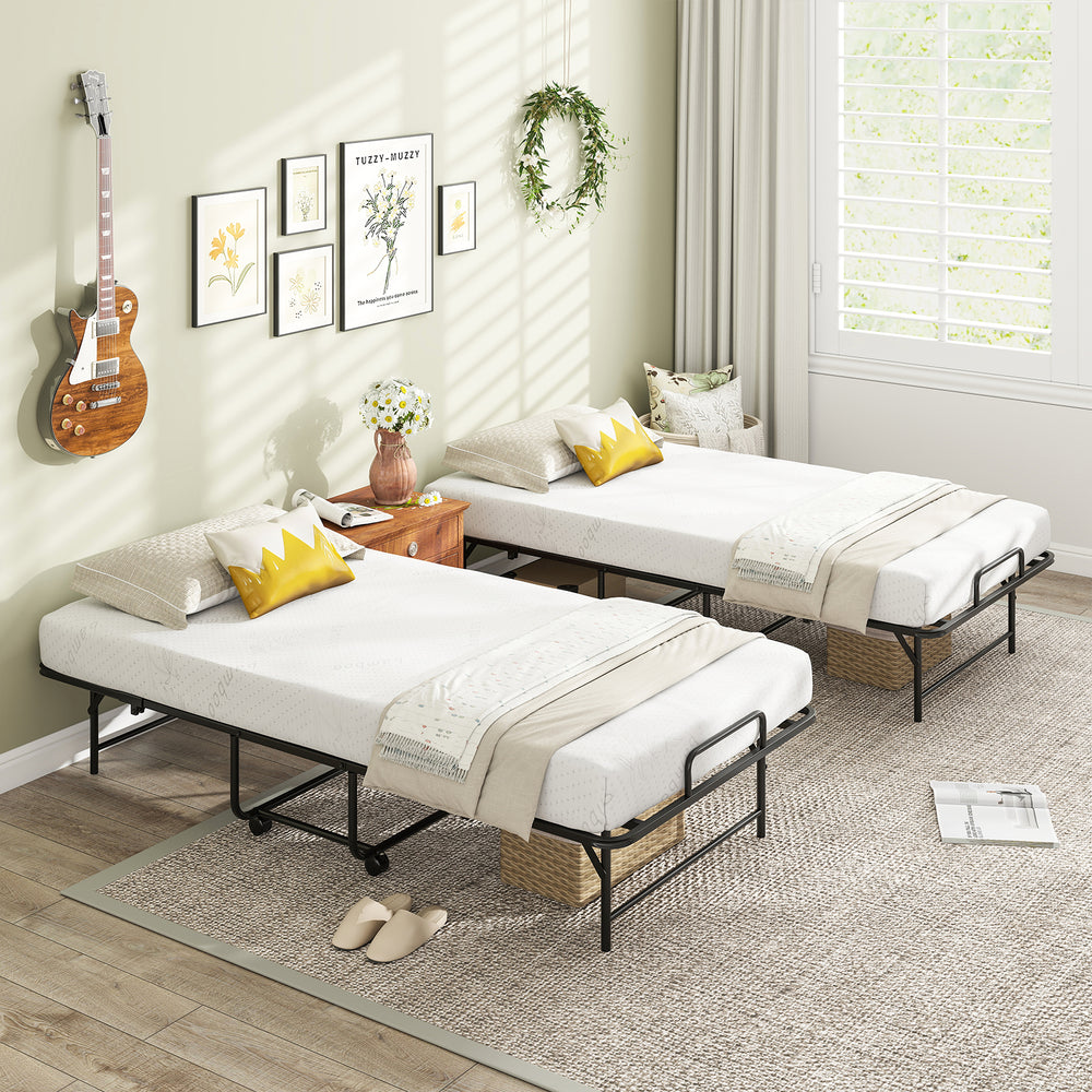 Folding twin size bed with gel memory foam mattress, heavy-duty metal frame, ideal for small spaces and easy storage.