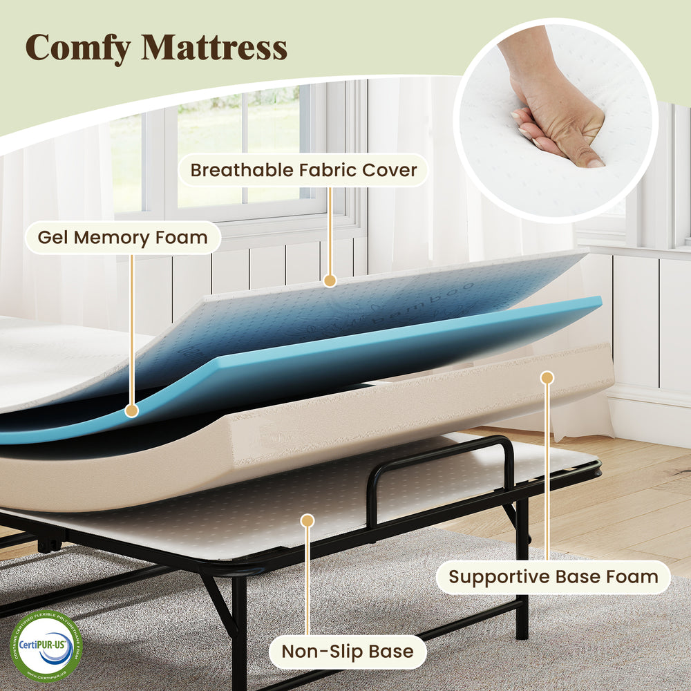 Gel memory foam mattress with breathable cover and non-slip base for the 75 x 38 inch folding bed, ideal for guests.