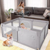 Large gray baby playpen with 360° breathable mesh and anti-slip suction cups, ensuring a secure and spacious play area.