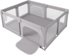 Large gray baby playpen with breathable mesh and zipper doors, offering a spacious and safe play area for infants.