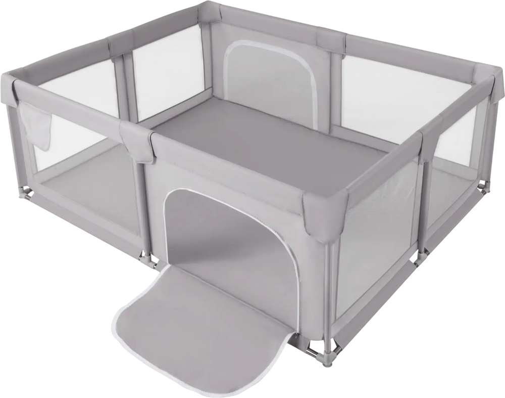 Large gray baby playpen with breathable mesh and zipper doors, offering a spacious and safe play area for infants.