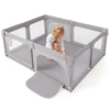 Large gray baby playpen with breathable mesh and zipper doors, providing a safe play area for crawling and exploring.