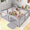 Large gray baby playpen with external zipper doors and side storage pocket, creating a secure play space for infants.