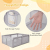 Large gray baby playpen with breathable mesh, side storage pocket, and zipper doors for safety and convenience.