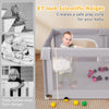 Large gray baby playpen with breathable mesh, 27" height, and external zipper doors for safety and easy access.