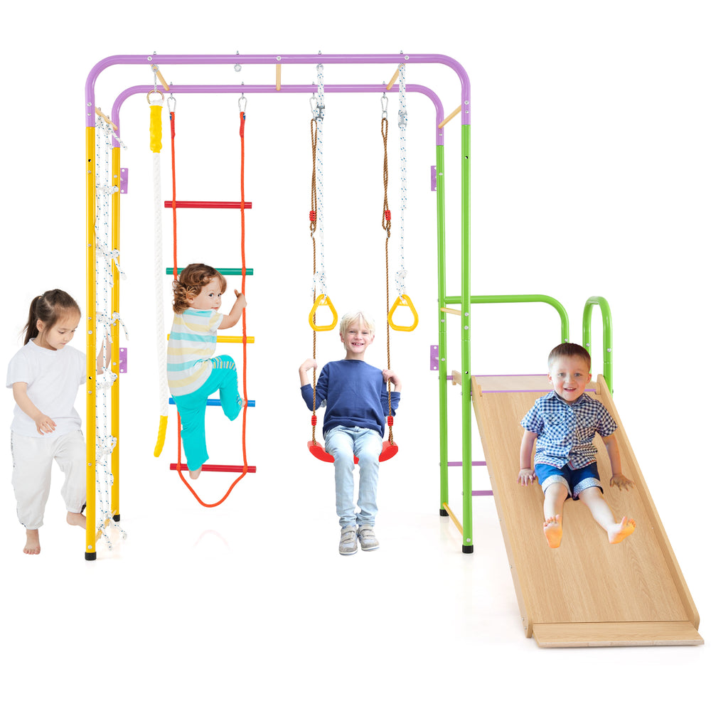 Multicolor 8-in-1 indoor jungle gym with swings, slide, and monkey bars for kids over 3 years old, promoting motor.